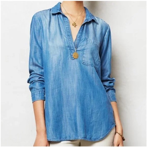 cloth & stone Tops - Cloth & Stone Chambray Popover Tunic Top Split-Neck Women’s Small Blue